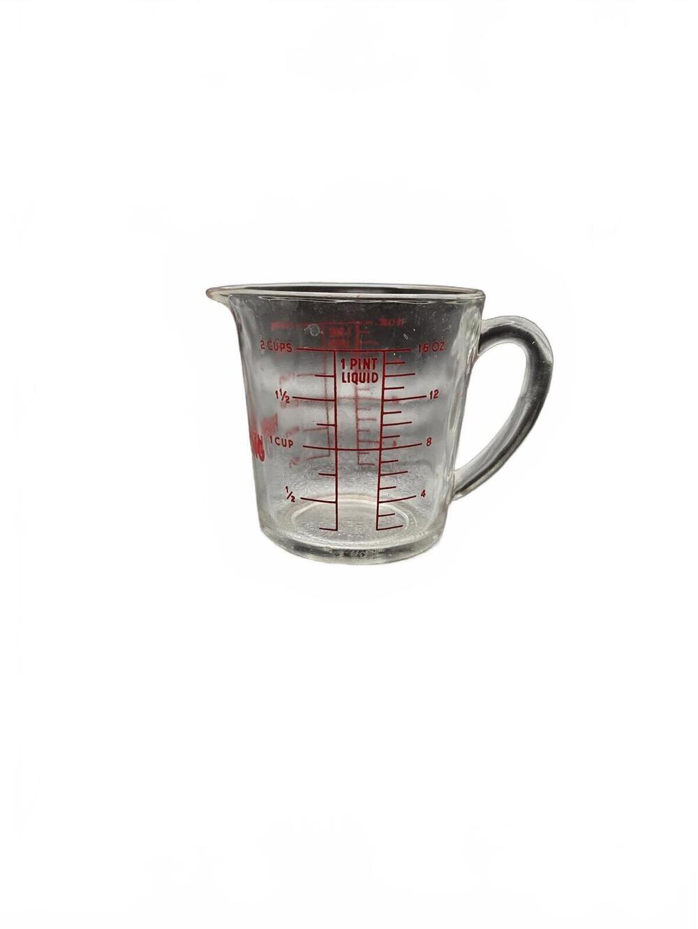 Vintage Fire King #498 2 Cup Glass Measuring Cup D Handle Red lettering Perfect